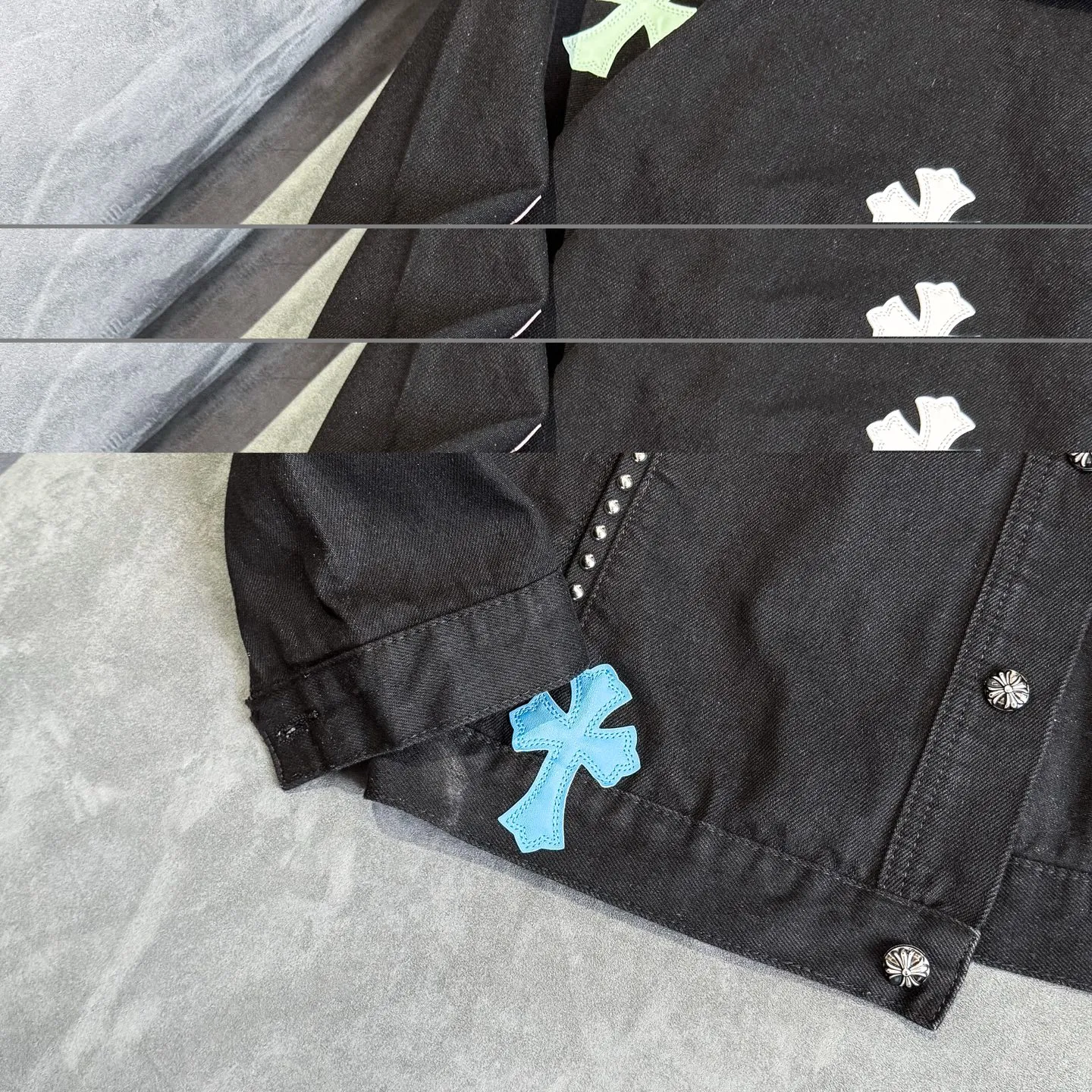 P280 Chrome Hearts Chrome Hearts heavy-duty denim jacket with rivets and multiple farts. The same model as the Internet celebrity star. The cross-printed denim jacket has a unique cross design element and is full of design. It is made of 100% denim cotton fabric with heavy coarse yarn count, which ensures a stiff and tough silhouette while being soft, comfortable and breathable. The lapel is designed with silver buttons and is full of texture. The classic white cross logo is all over the dress, making it a perfect versatile style for spring and summer! The original loose version is made of high-quality pure cotton fabrics. The fabric pattern is high-definition and delicate without burrs. It is comfortable and breathable to wear. All the buttons are molded and customized. It is casual and fashionable and can be matched with any bottoms. It can be windproof and sunproof in spring and summer. It can be worn outside in autumn and winter! Easily concave shape makes you look slimmer and taller, perfect for both men and women! Color: Black Size: S M L XL